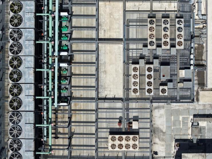 A drone view of a data center in Oakland, California.