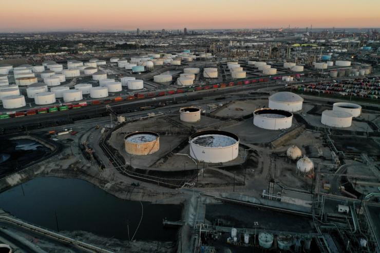 Storage tanks for crude oil, gasoline, diesel, and other refined petroleum products in California.