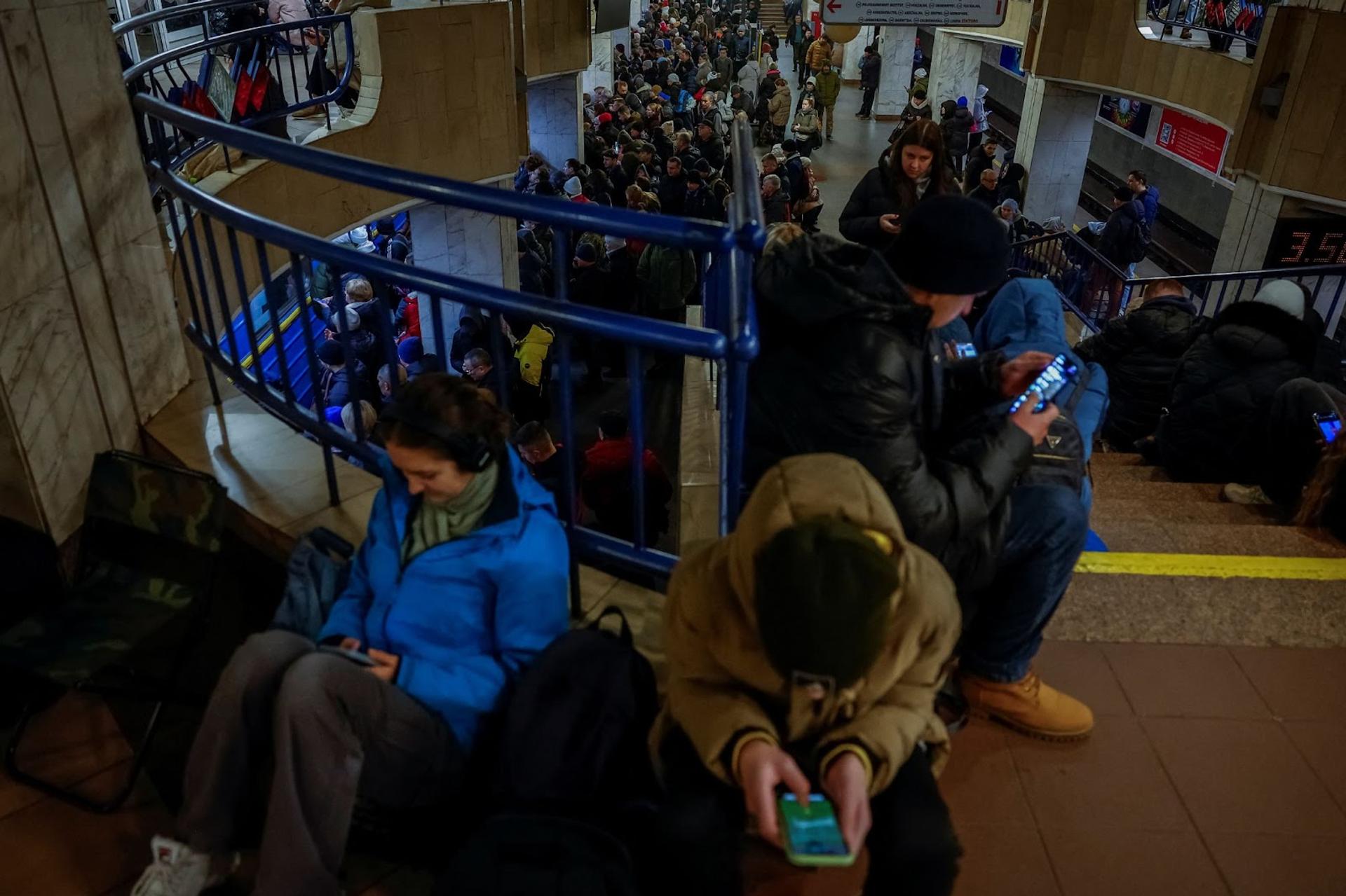 A photo of people taking shelter in Kyiv