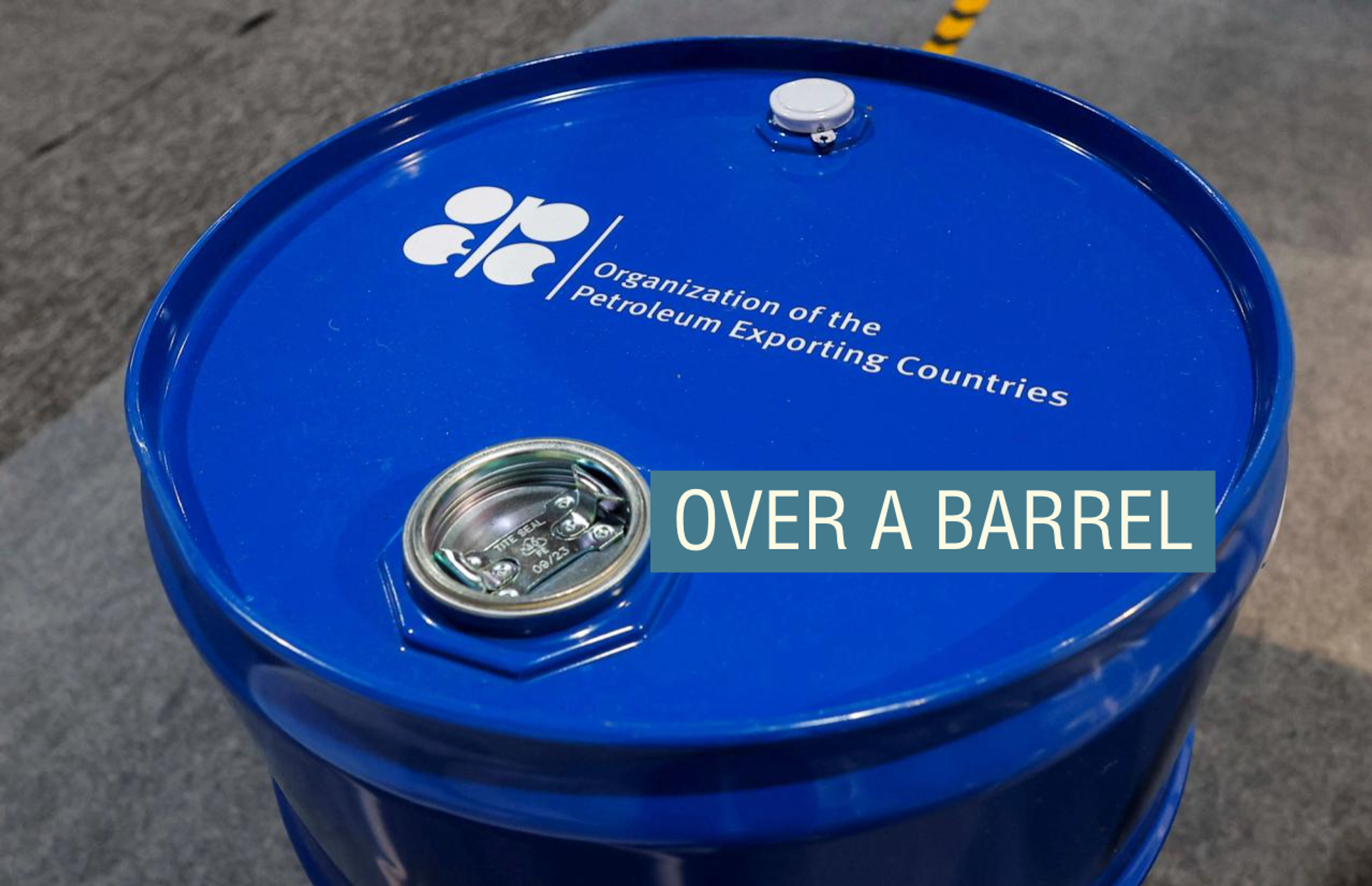 An installation depicting a barrel of oil with the logo of OPEC