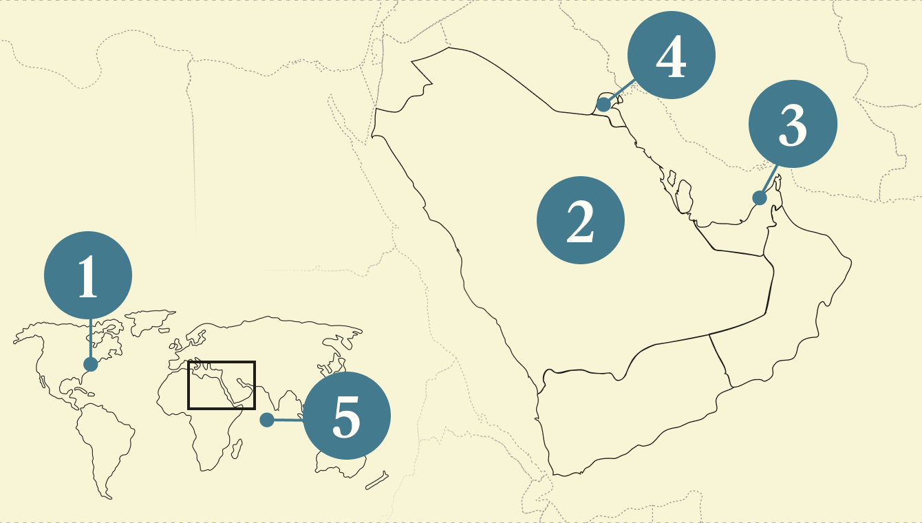 A numbered map of the Gulf region.