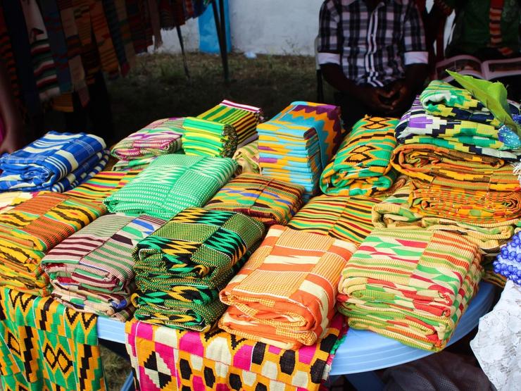 African fabrics at a market stall.