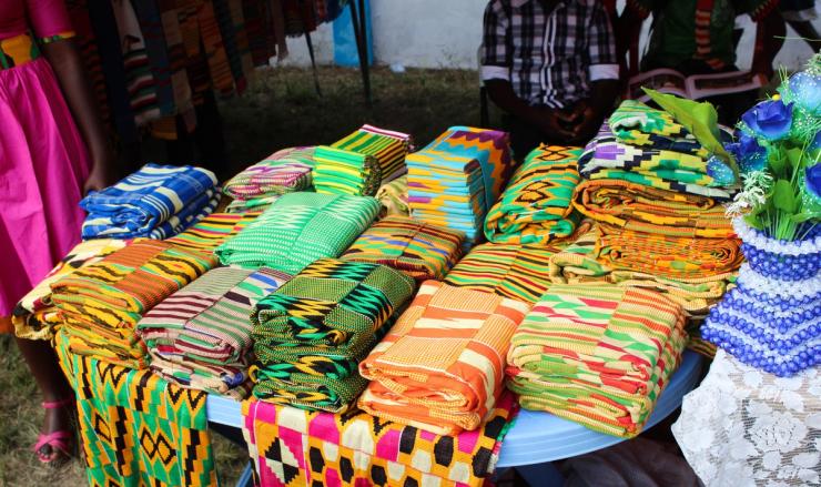 African fabrics at a market stall.