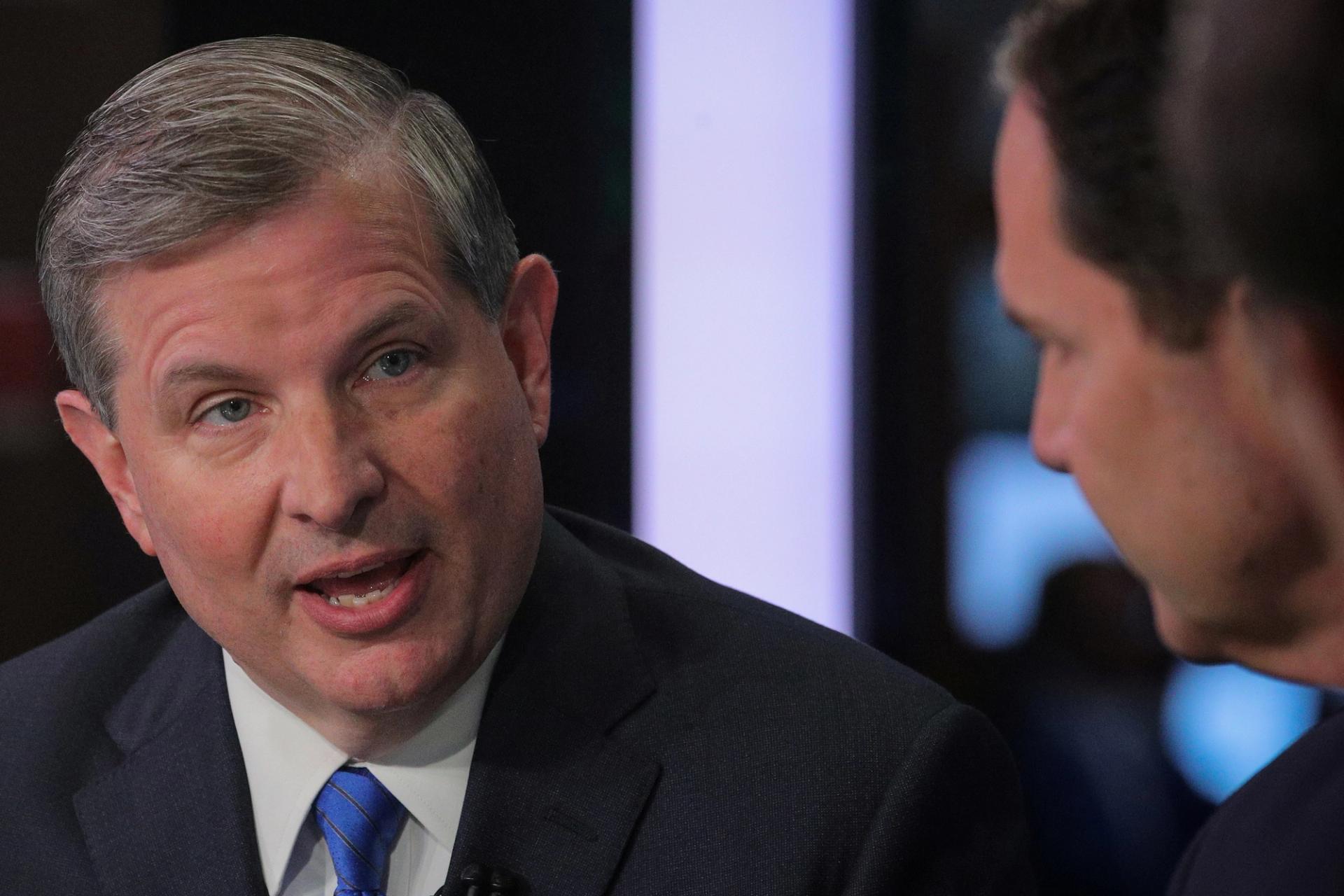 Chris Kubasik, president and COO of L3Harris, is interviewed by CNBC on the floor of the New York Stock Exchange in 2019.