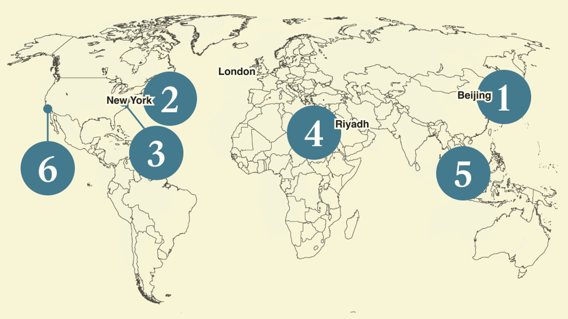 A numbered map of the world.
