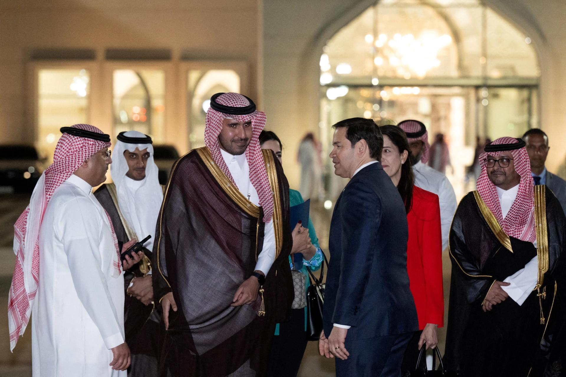 US Secretary of State Marco Rubio greets well-wishers upon arrival at King Abdulaziz International Airport in Jeddah, Saudi Arabia.