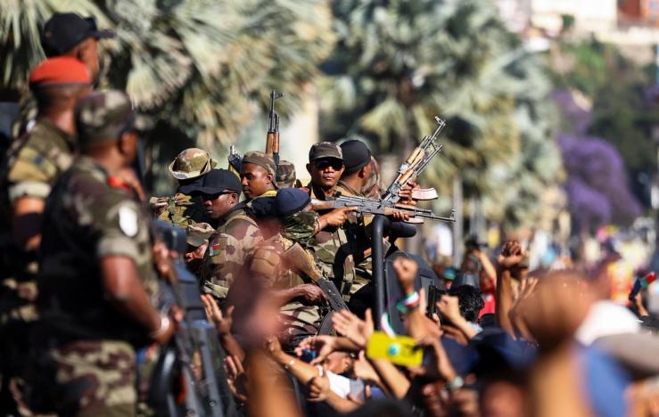The military and protesters during a nationwide youth-led demonstration in Madagascar.