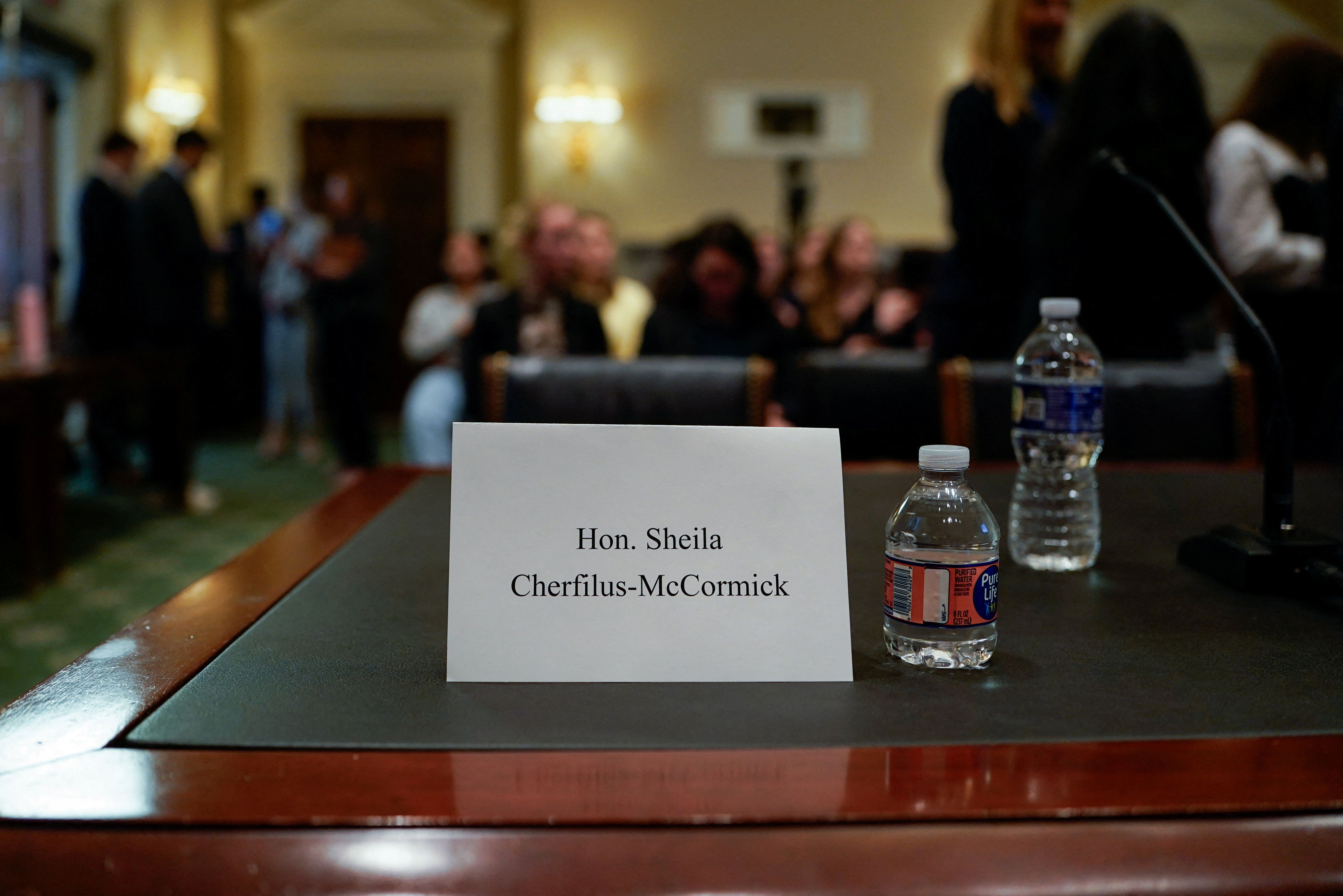 A name placard for U.S. Rep. Sheila Cherfilus-McCormick