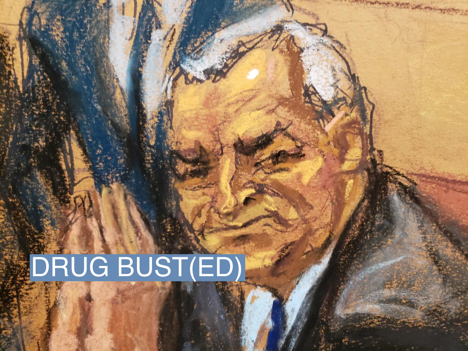 Mexico's former Public Security Minister Genaro Garcia Luna looks back at his wife seated in the audience during his trial in this courtroom sketch.