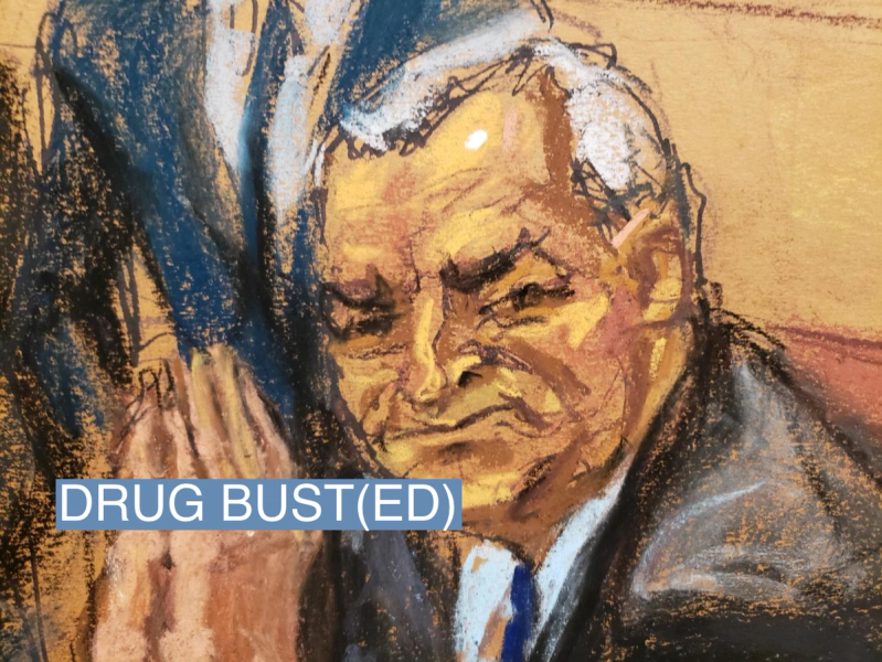 Mexico’s former Public Security Minister Genaro Garcia Luna looks back at his wife seated in the audience during his trial in this courtroom sketch.