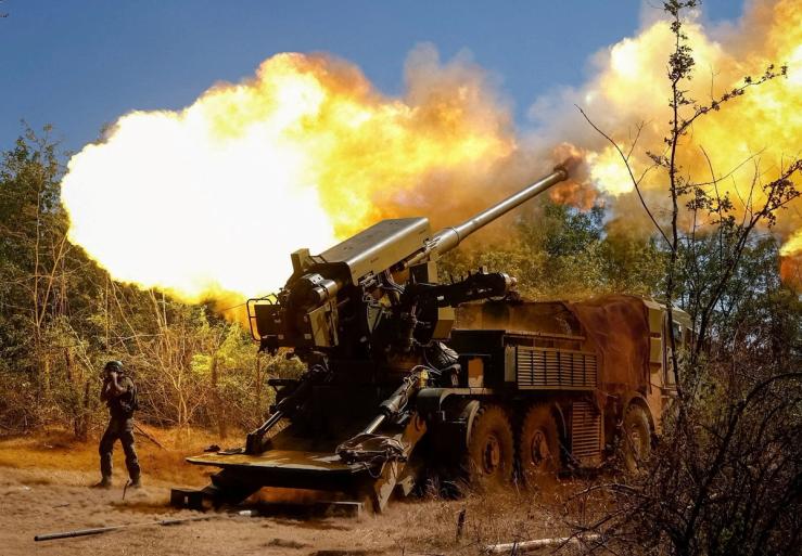A 2S22 Bohdana self-propelled howitzer is fired towards Russian troops near a front line in Zaporizhzhia region, Ukraine.