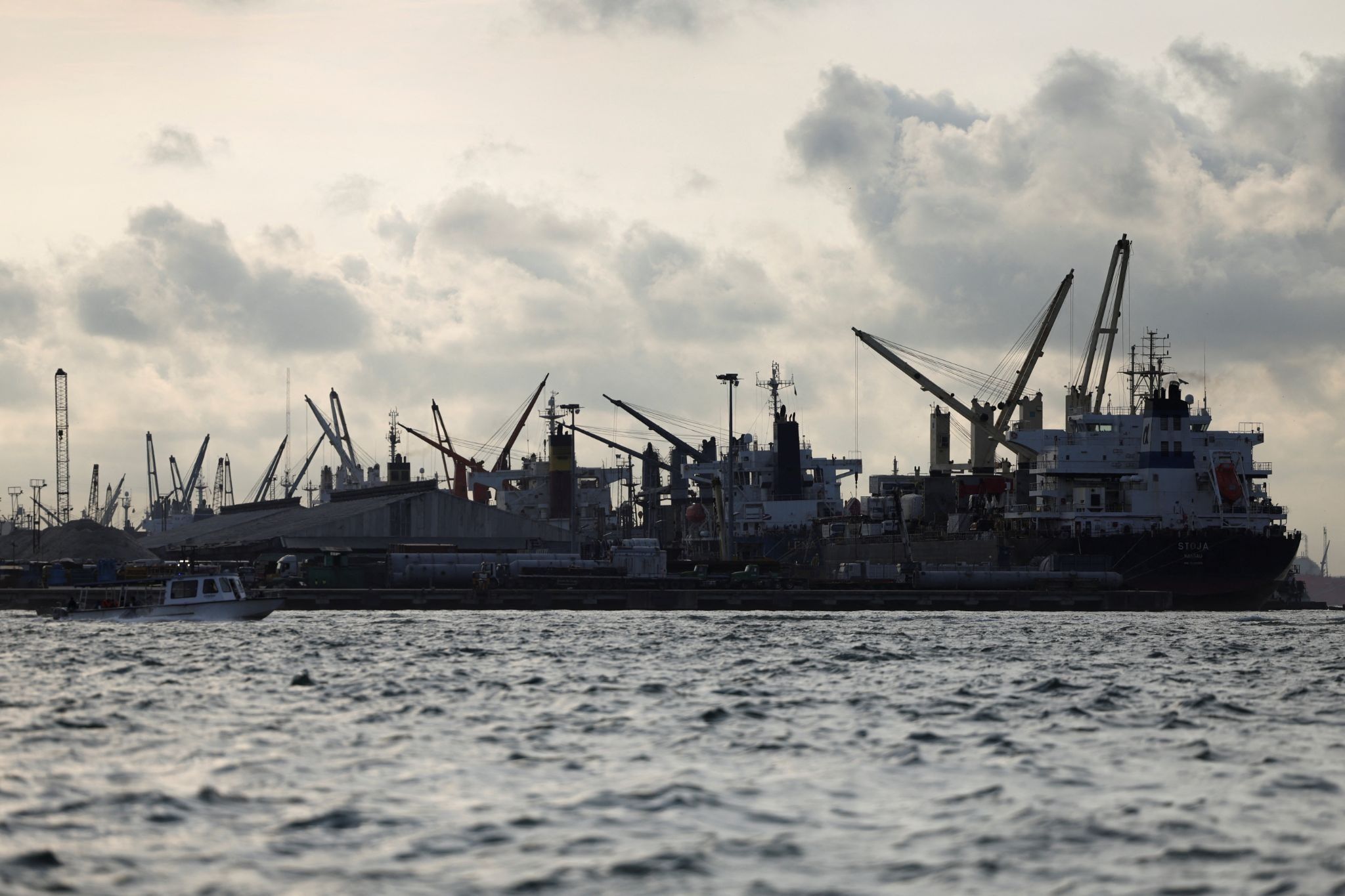 Cranes sit at an oil rig facility in Lagos, Nigeria.