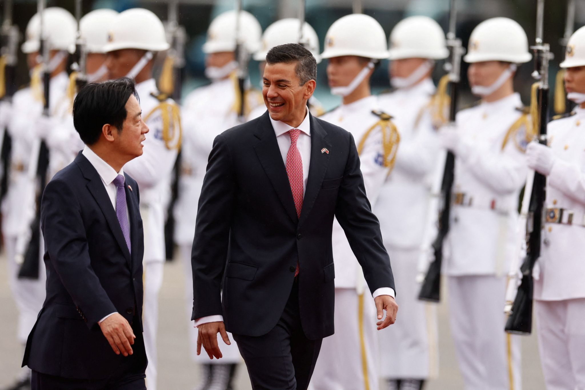 Paraguay President Santiago Pena attends a welcoming ceremony with Taiwan President Lai Ching-te in Taipei. 