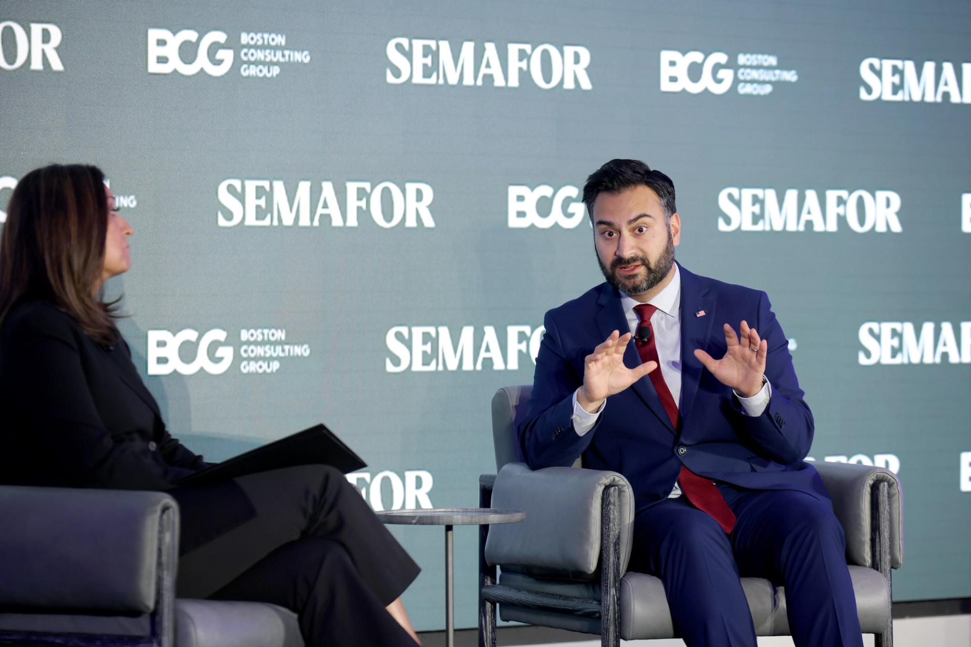 Amna Nawaz, Co-Host, PBS News Hour; Semafor Contributor, and Ali Zaidi, National Climate Advisor, White House, speak onstage during Semafor World Economy Summit Fall