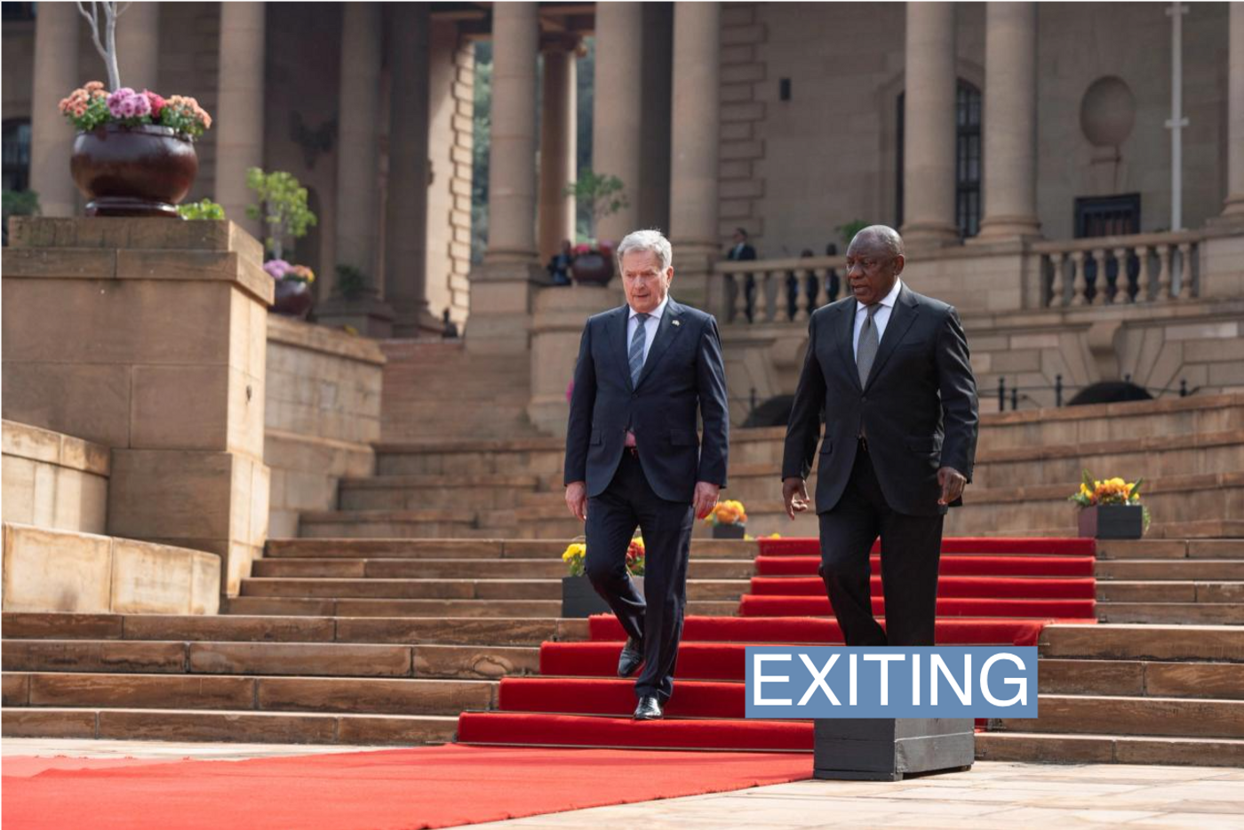 South African President Cyril Ramaphosa walks with Finland's President Sauli Niinisto during the welcoming ceremony for the official state visit at the Union Buildings in Pretoria, South Africa, April 25, 2023 REUTERS/Ihsaan Haffejee