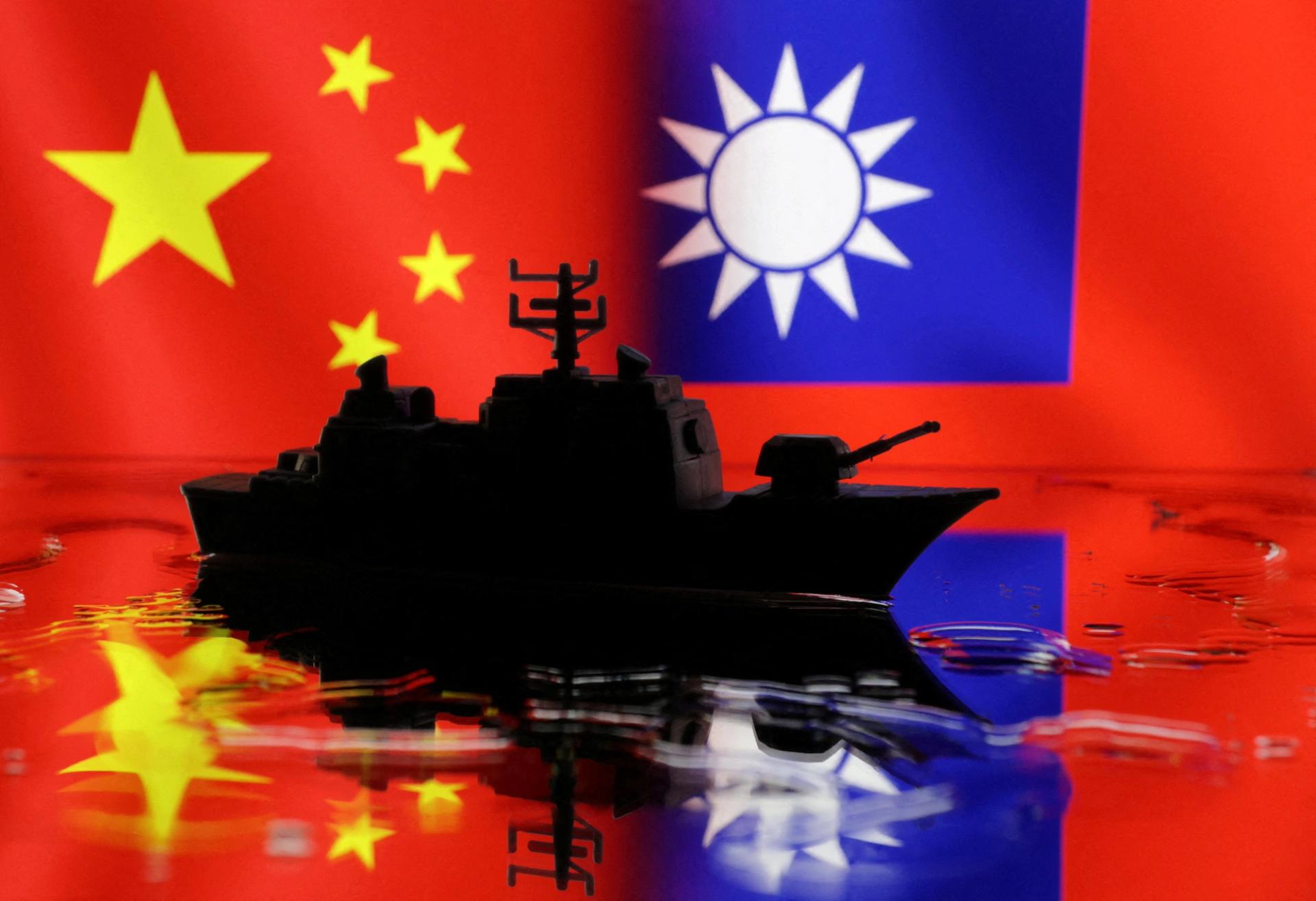 An illustration of a navy miniature against the backdrop of Chinese and Taiwanese flags