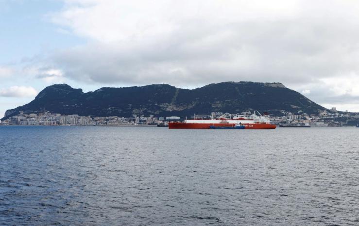 LNG Tanker Rias Baixas Knutsen and the Bunkering Tanker Hercules 400 are seen anchored in front of the Rock of Gibraltar.