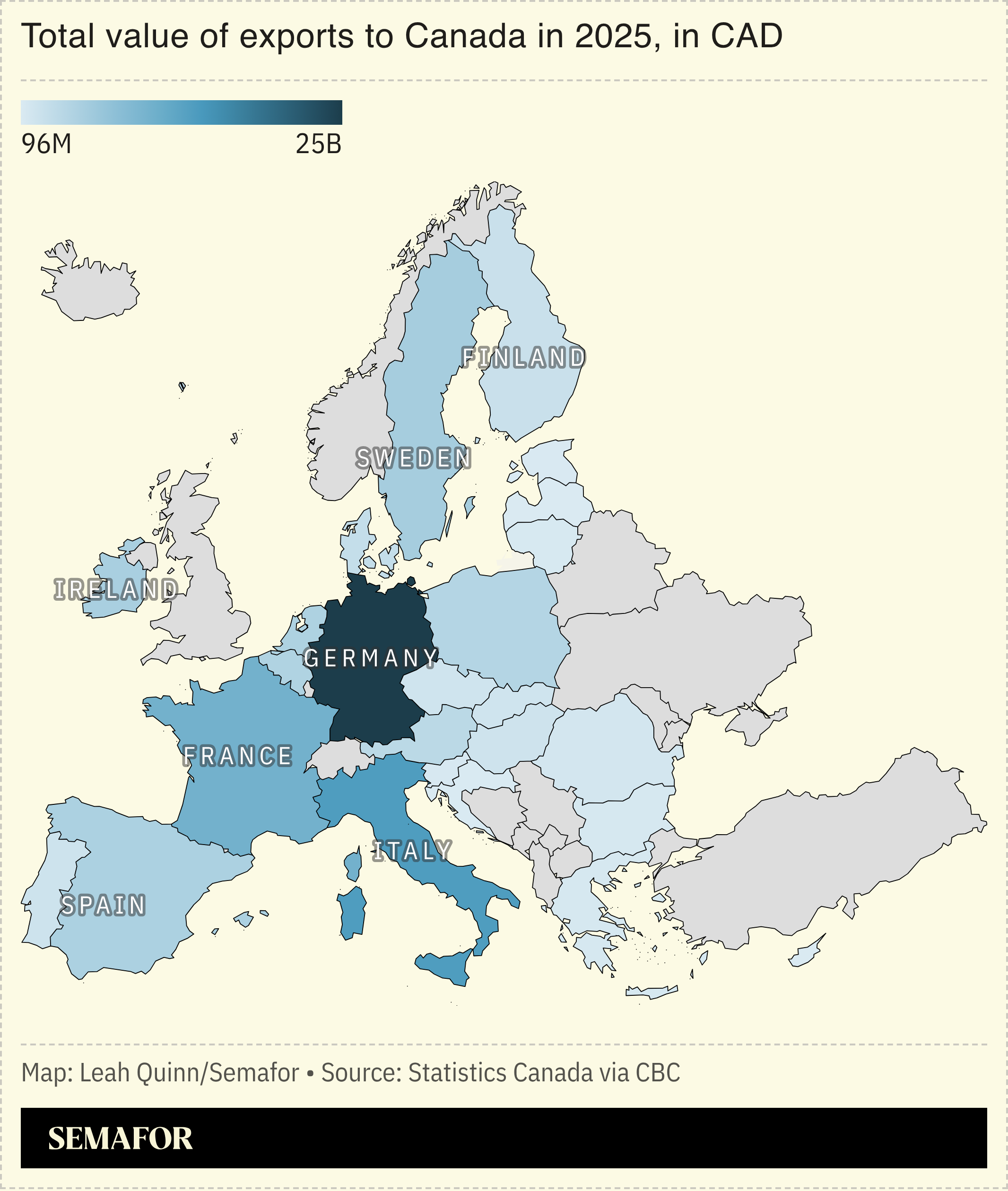 A chart showing the value of EU exports to Canada.