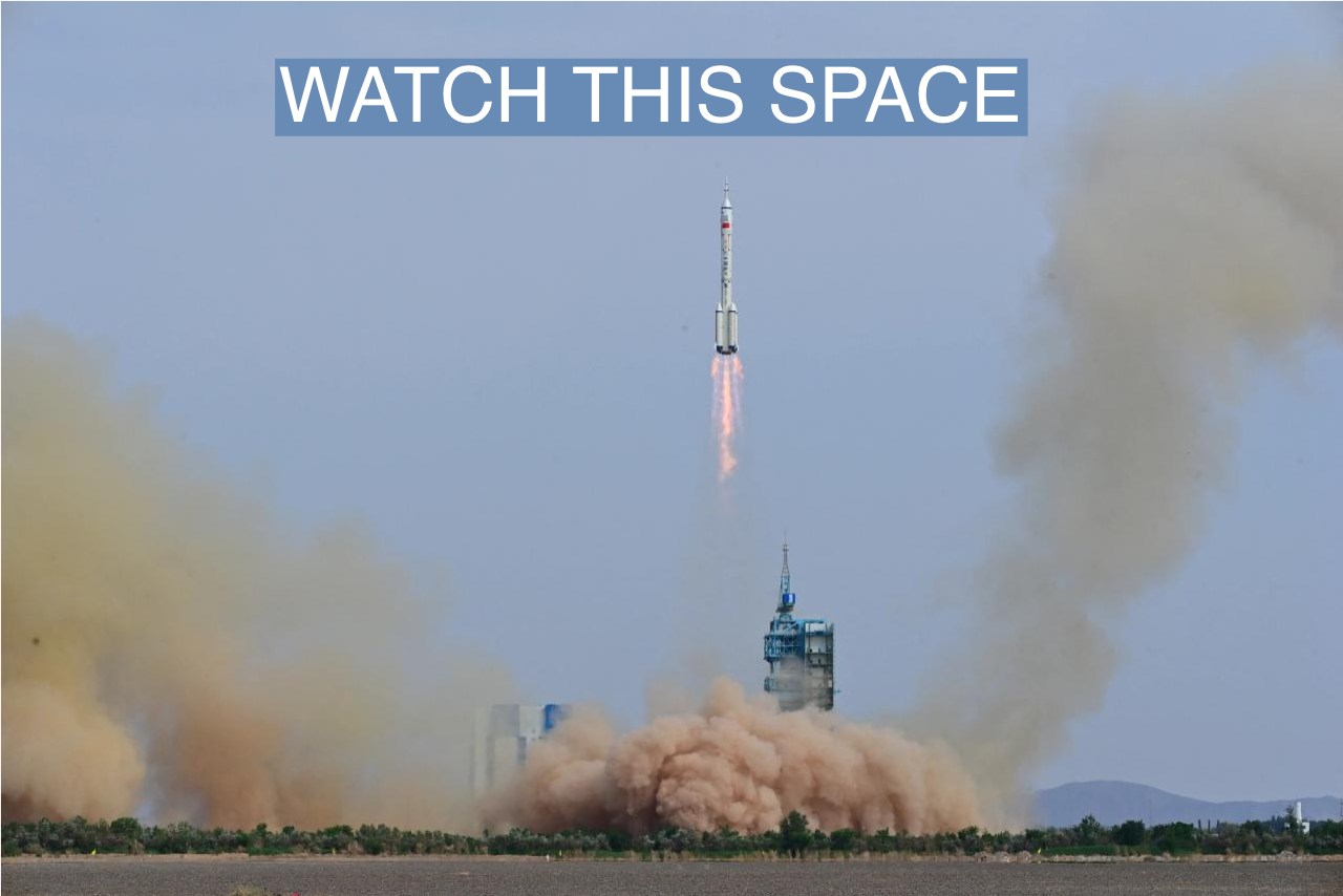 A rocket, carrying the Shenzhou-16 spacecraft and three astronauts, takes off from the launching area of Jiuquan Satellite Launch Center for a crewed mission to China’s Tiangong space station.