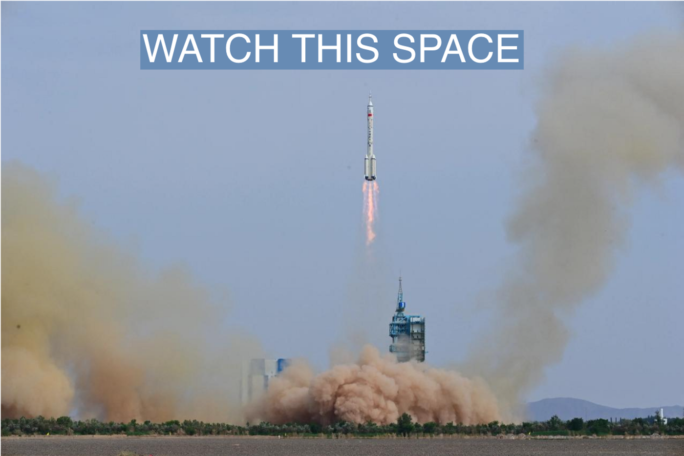 A rocket, carrying the Shenzhou-16 spacecraft and three astronauts, takes off from the launching area of Jiuquan Satellite Launch Center for a crewed mission to China's Tiangong space station.