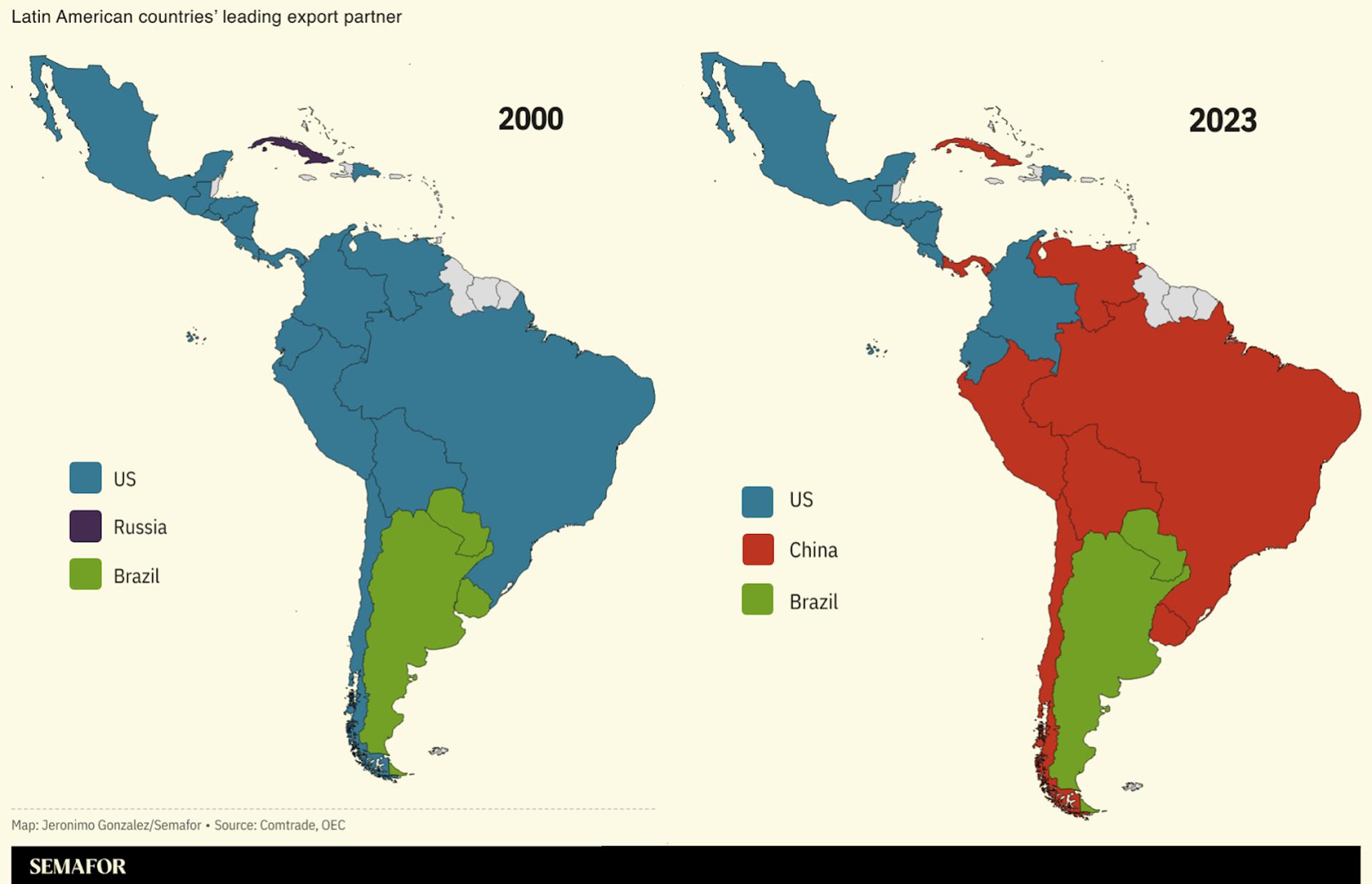 A map showing Latin American countries’ leading export partner, 2000-2023