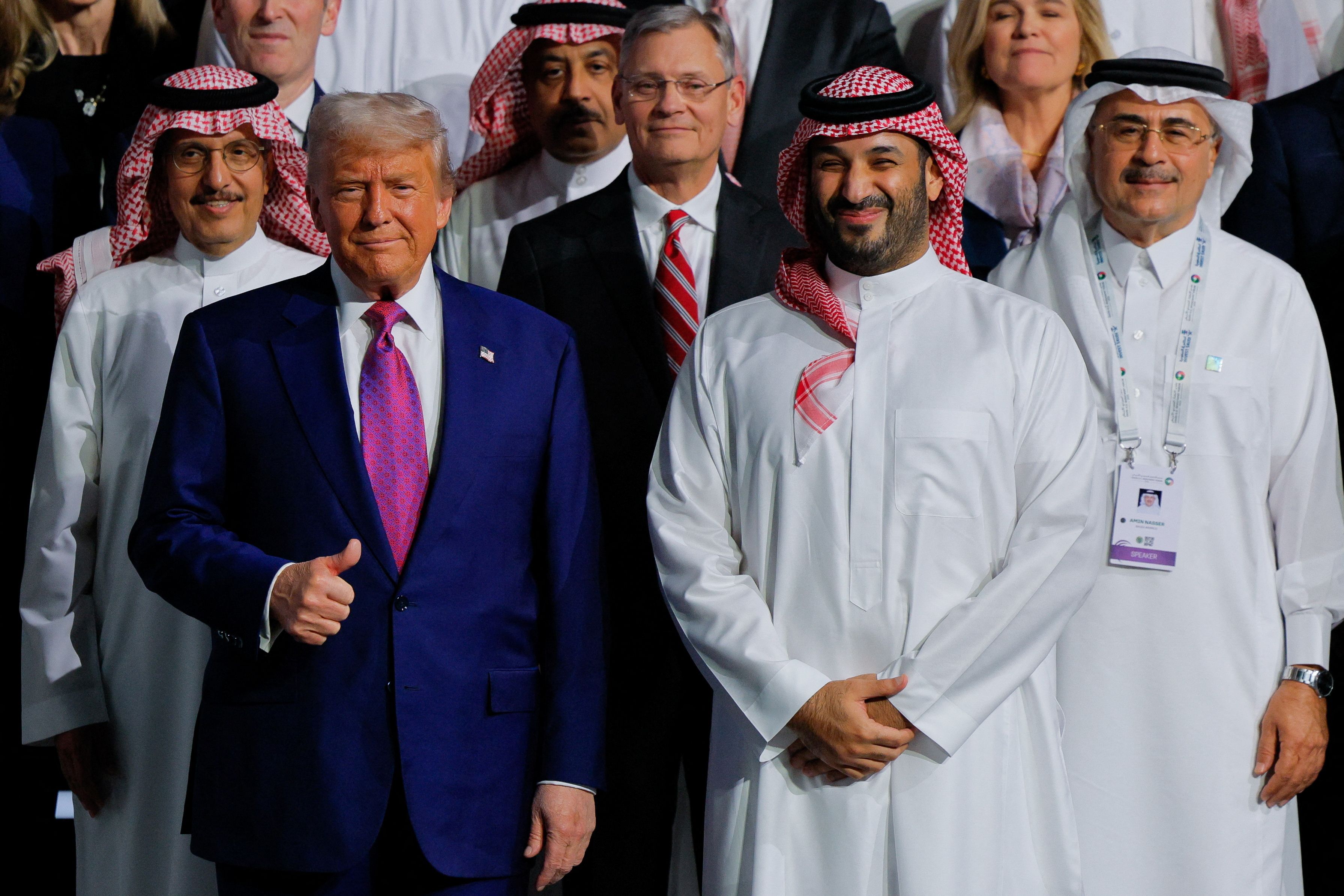 U.S. President Donald Trump and Saudi Crown Prince Mohammed Bin Salman pose for a group photo.