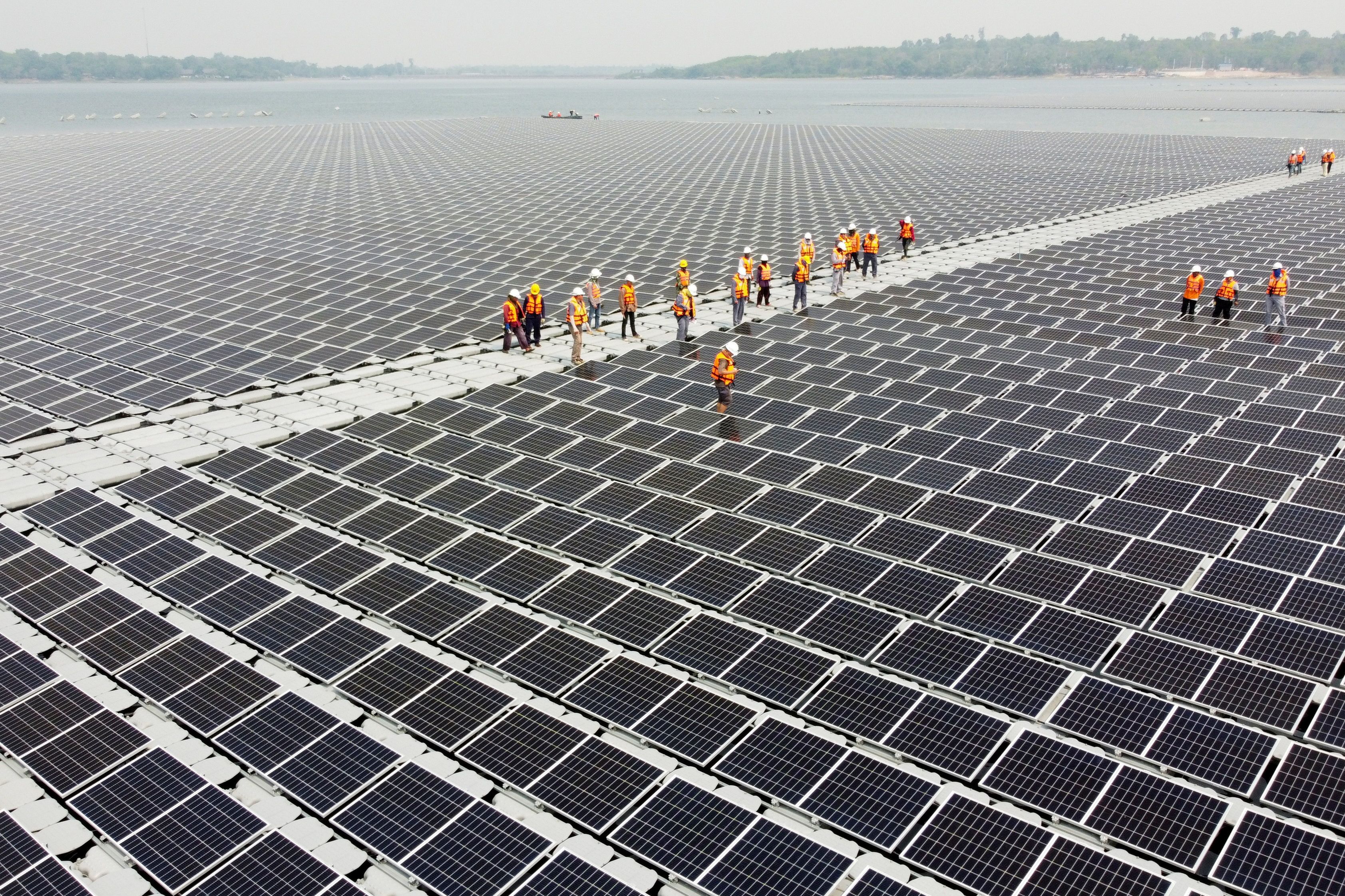 Solar panels over the water surface of Sirindhorn Dam in Ubon Ratchathani.