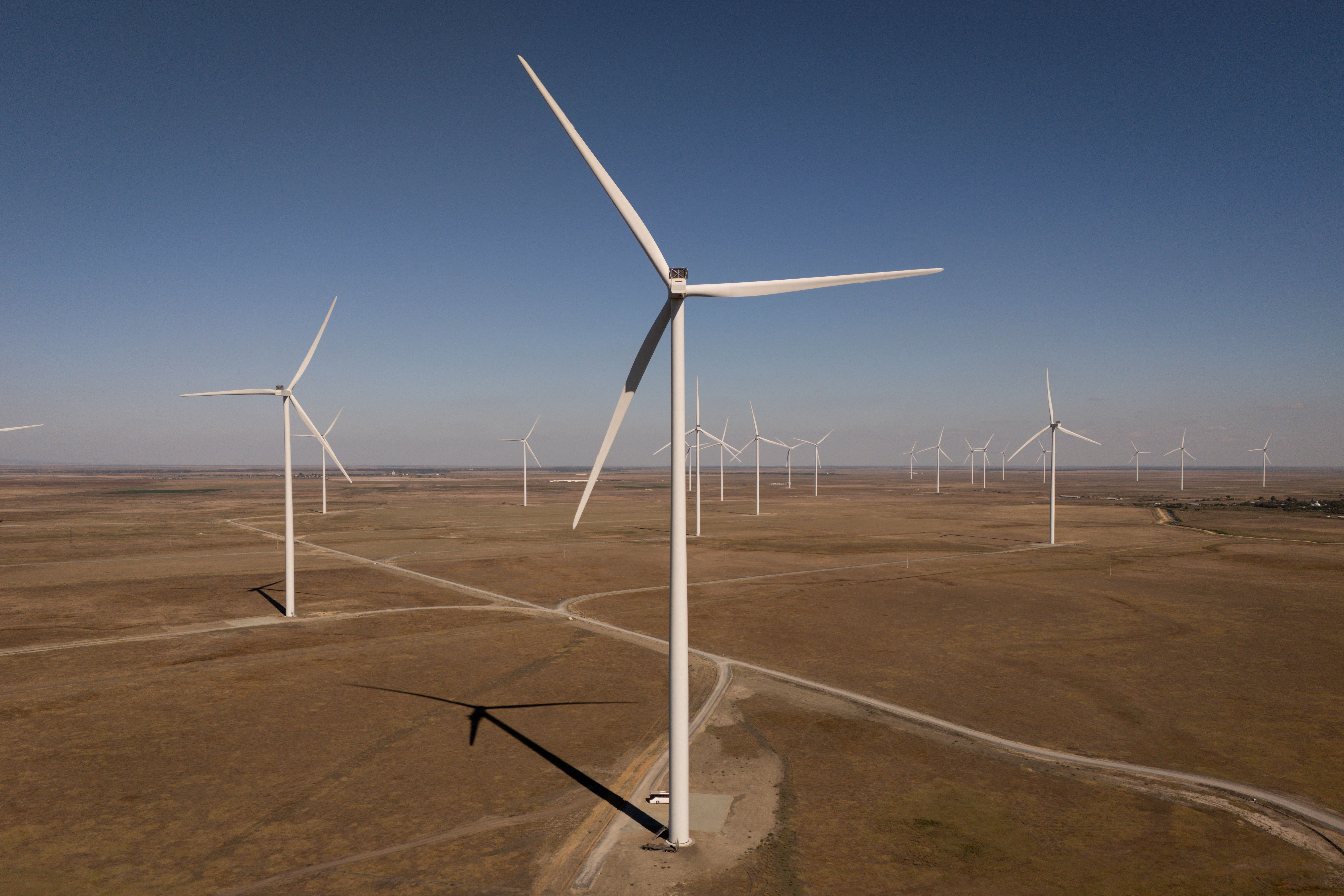 Aerial view of a wind farm. 