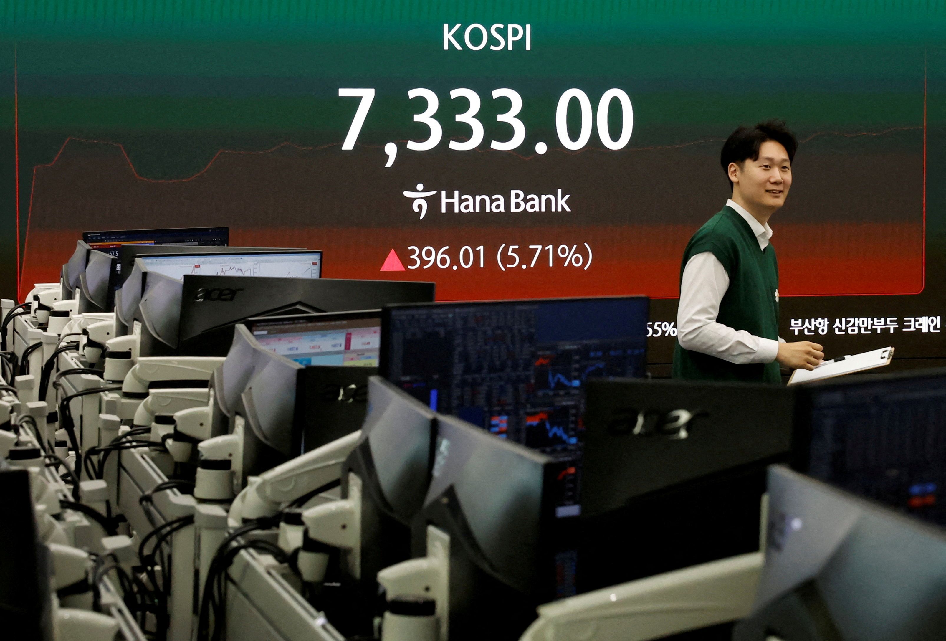 A currency dealer looks on as an electronic board displays the Korea Composite Stock Price Index (KOSPI), at the dealing room of a bank, as the benchmark KOSPI index opened above the 7,000 mark in Seoul, South Korea