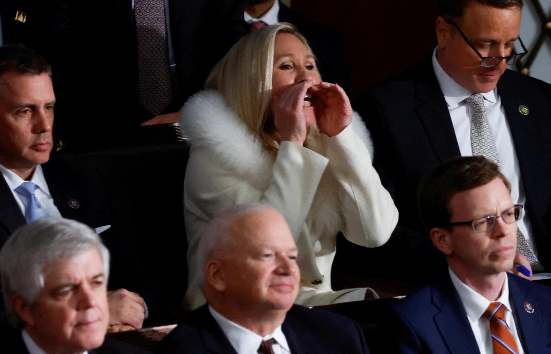 U.S. Representative Marjorie Taylor Greene (R-GA) yells at U.S. President Joe Biden as he delivers his State of the Union address at the U.S. Capitol in Washington, U.S., February 7, 2023. 