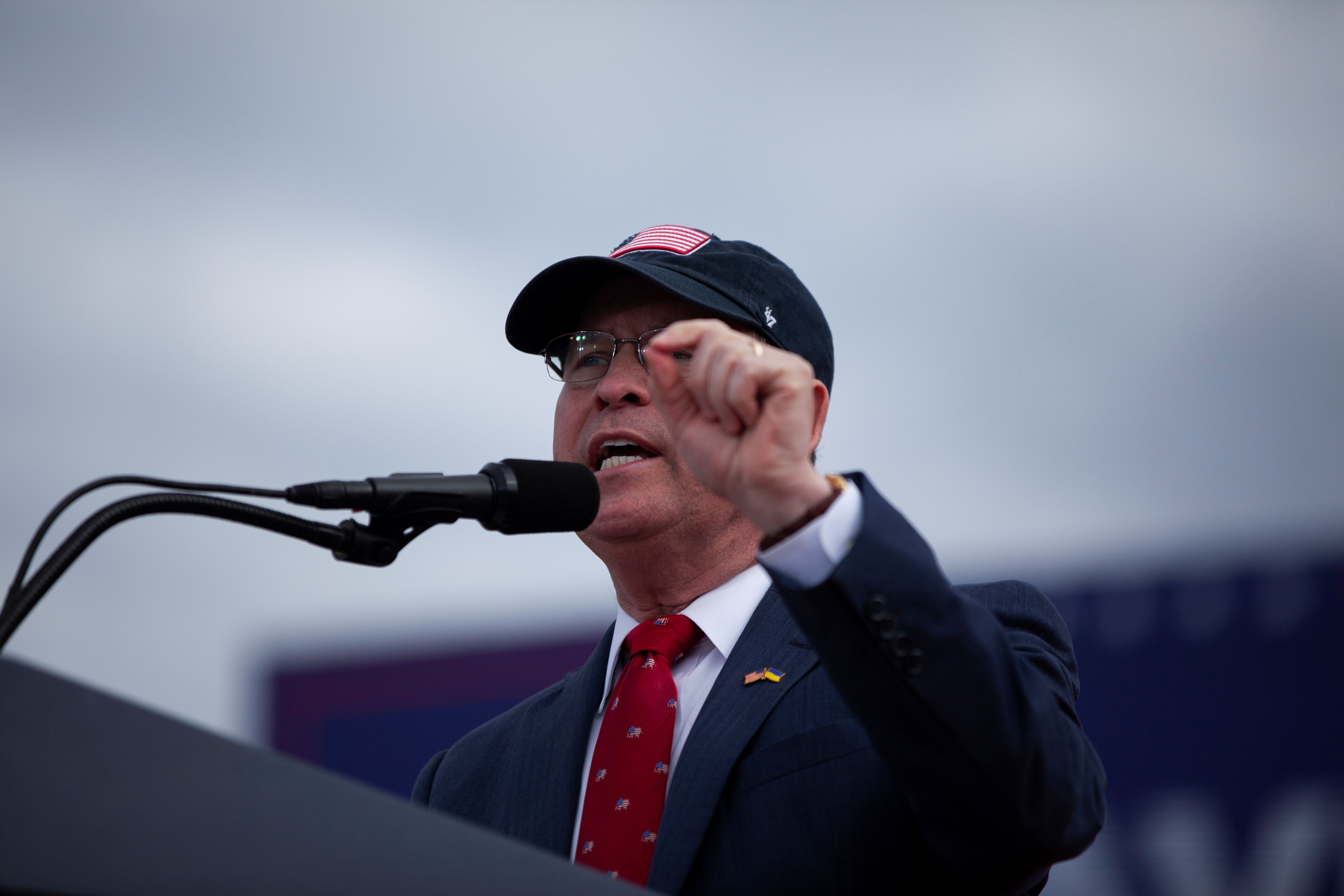 US Representative Greg Murphy speaks during a rally hosted by former US President Donald Trump in Selma, NC.