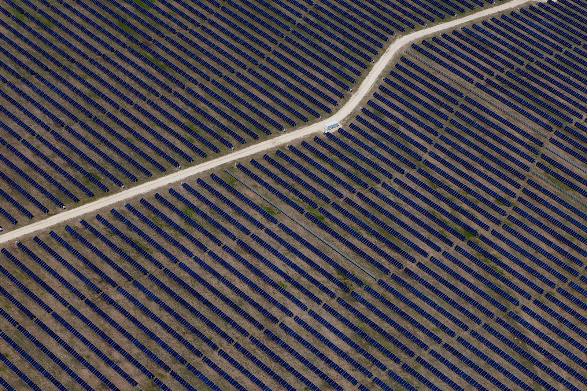 An aerial view of solar panels at a solar farm in Texas. 