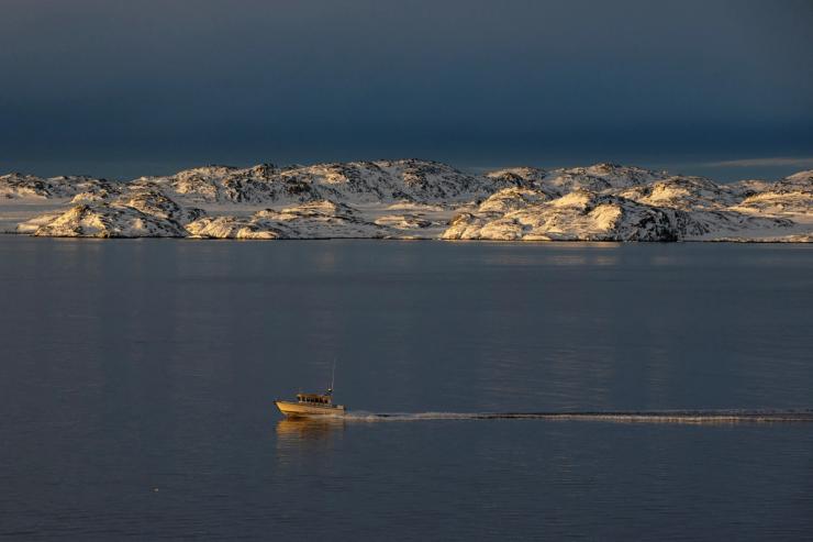 A ship sails in Nuuk, Greenland,