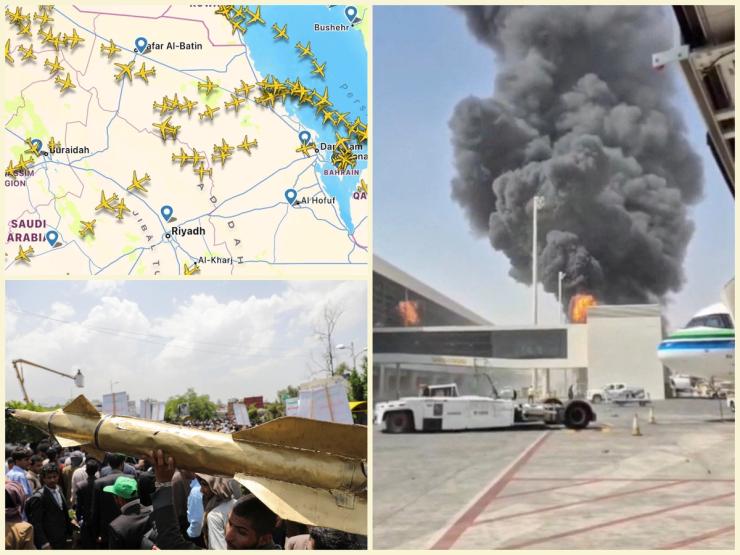 Flightradar24, Smoke and flames rise from King Khalid Airport, after Yemen’s Iran-backed Houthis said they attacked the airport, in Riyadh, Houthi demonstration in Sanaa