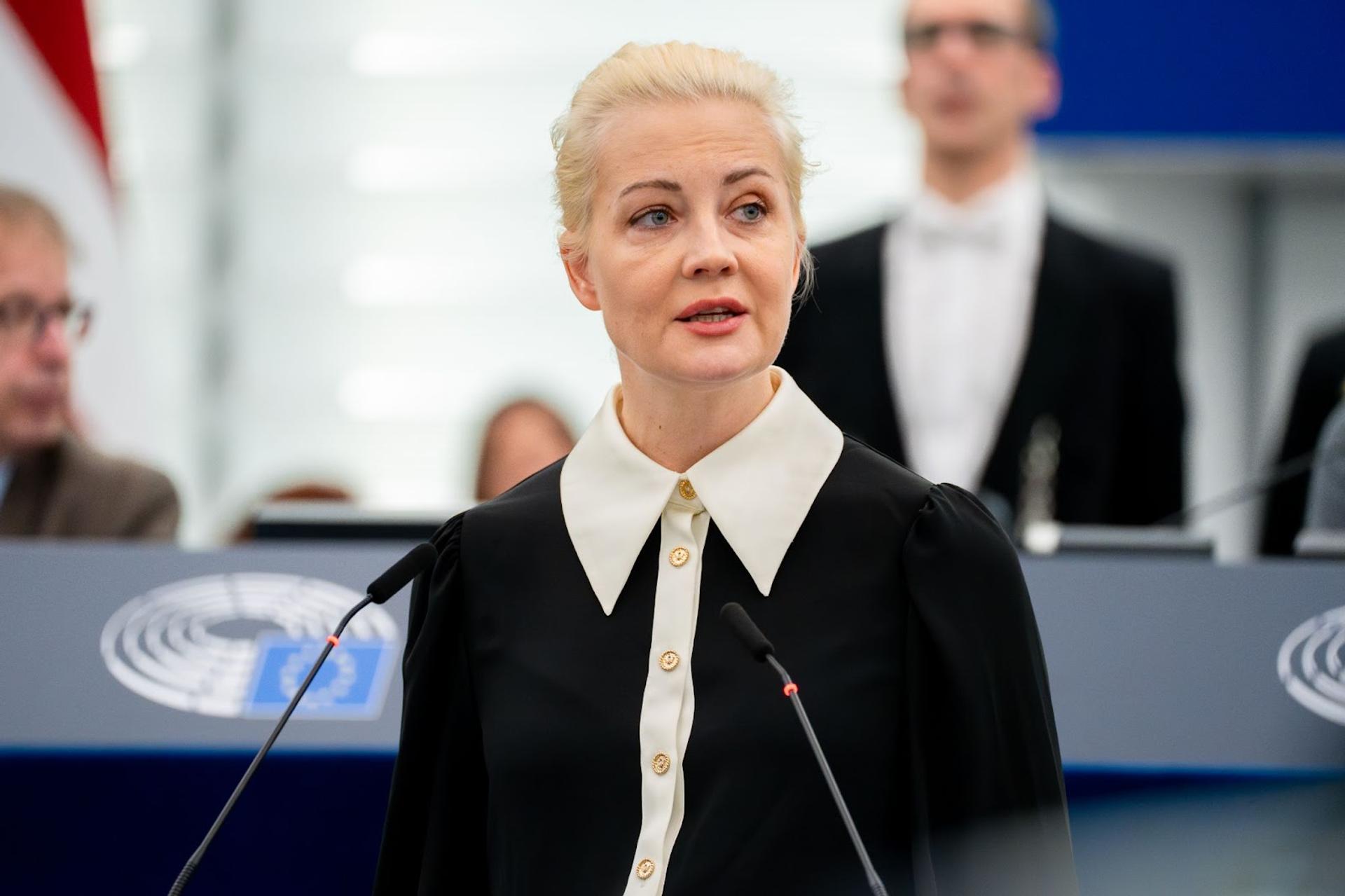 Yulia Navalnaya, a white, blonde-haired woman, addresses the European Parliament in February 2024