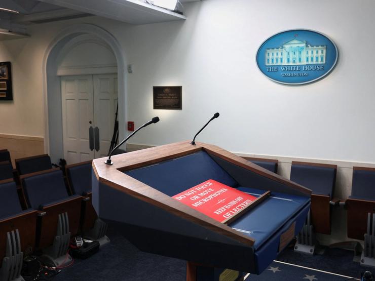 The lectern in the James S. Brady Press Briefing Room