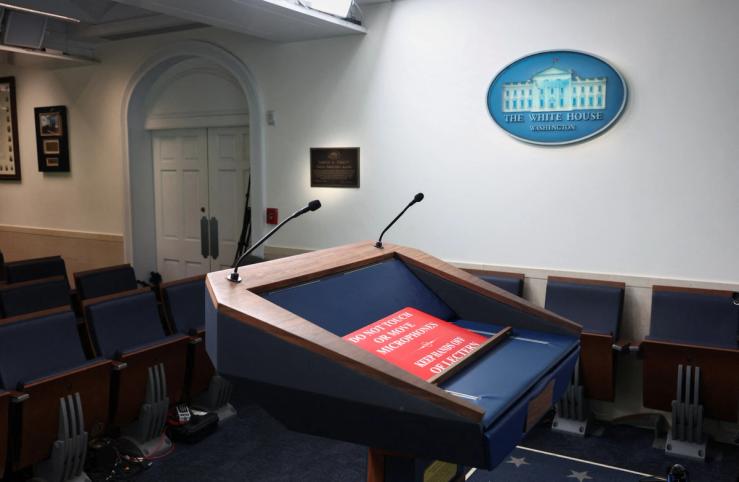 The lectern in the James S. Brady Press Briefing Room