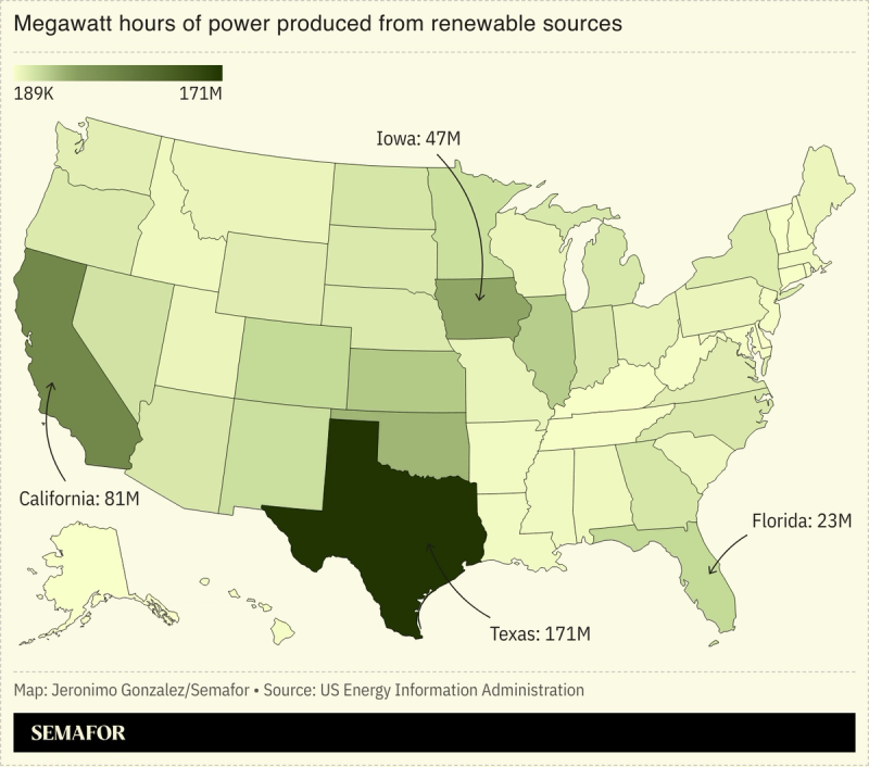 A US map showing electricity generation from renewables by state.