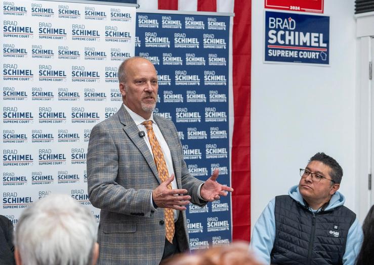 Wisconsin Supreme Court candidate and Waukesha County Judge Brad Schimel makes remarks at a roundtable discussion at the Wisconsin GOP Hispanic Community Center on Feb. 27 in Milwaukee.