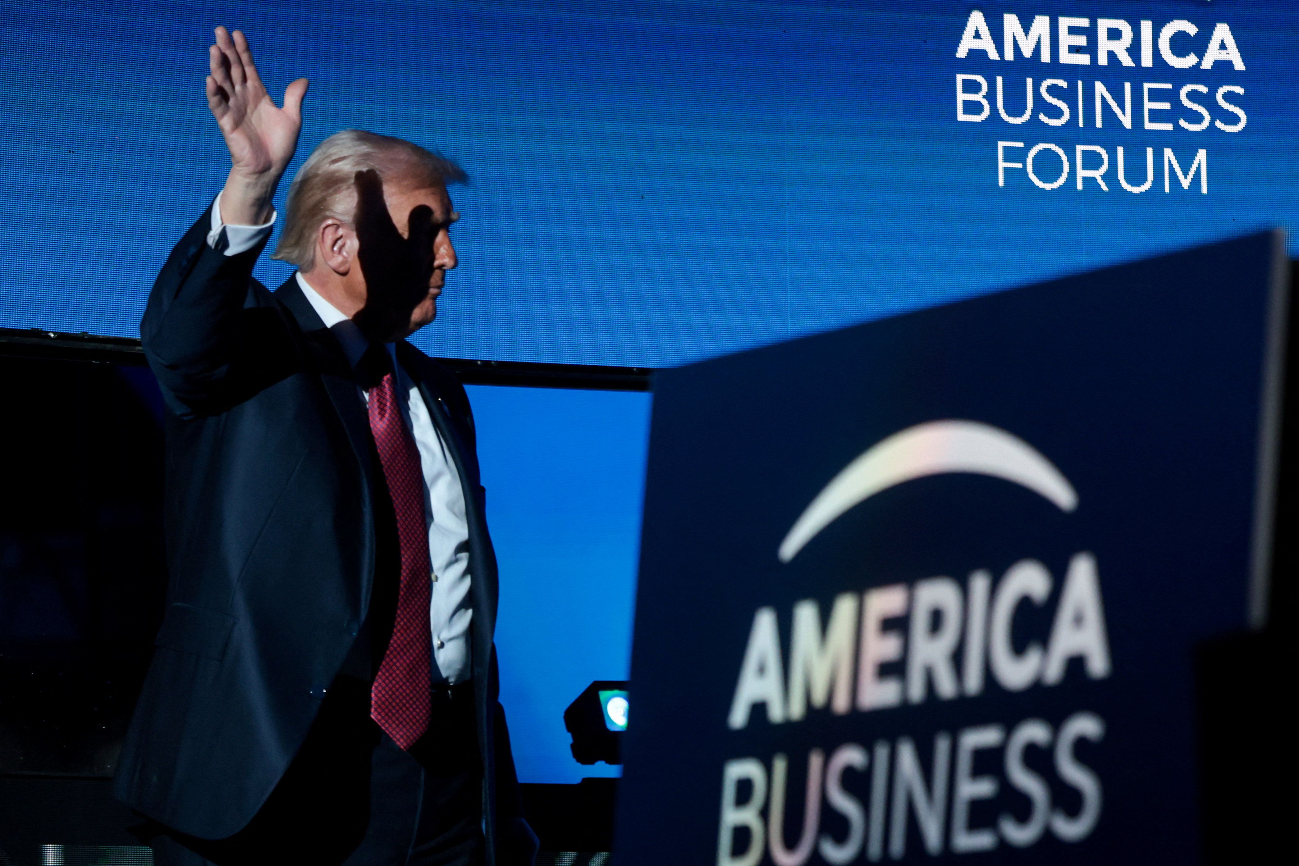 US President Donald Trump attends the American Business Forum.
