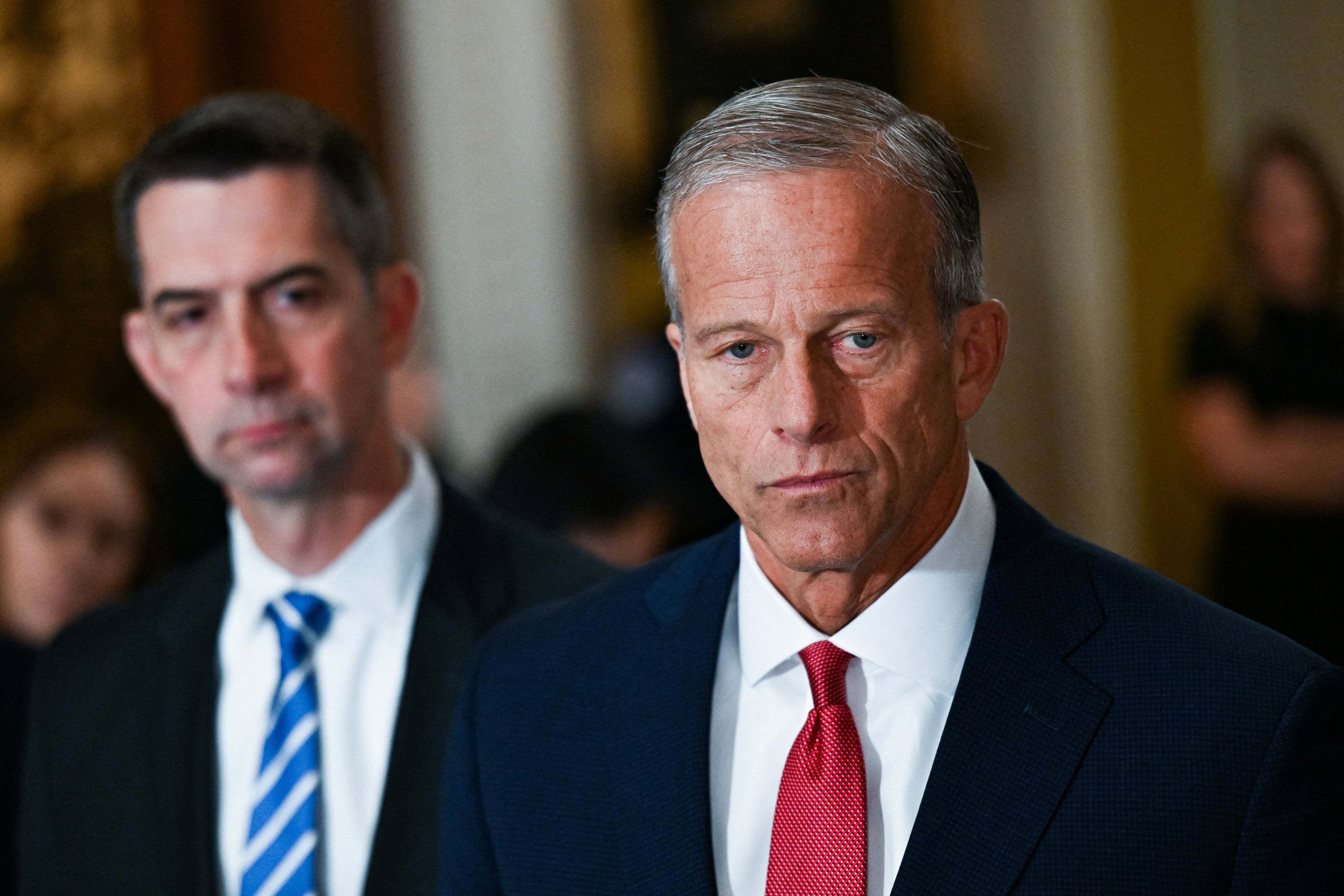 Sen. Tom Cotton, R-Ark., and Senate Majority Leader John Thune