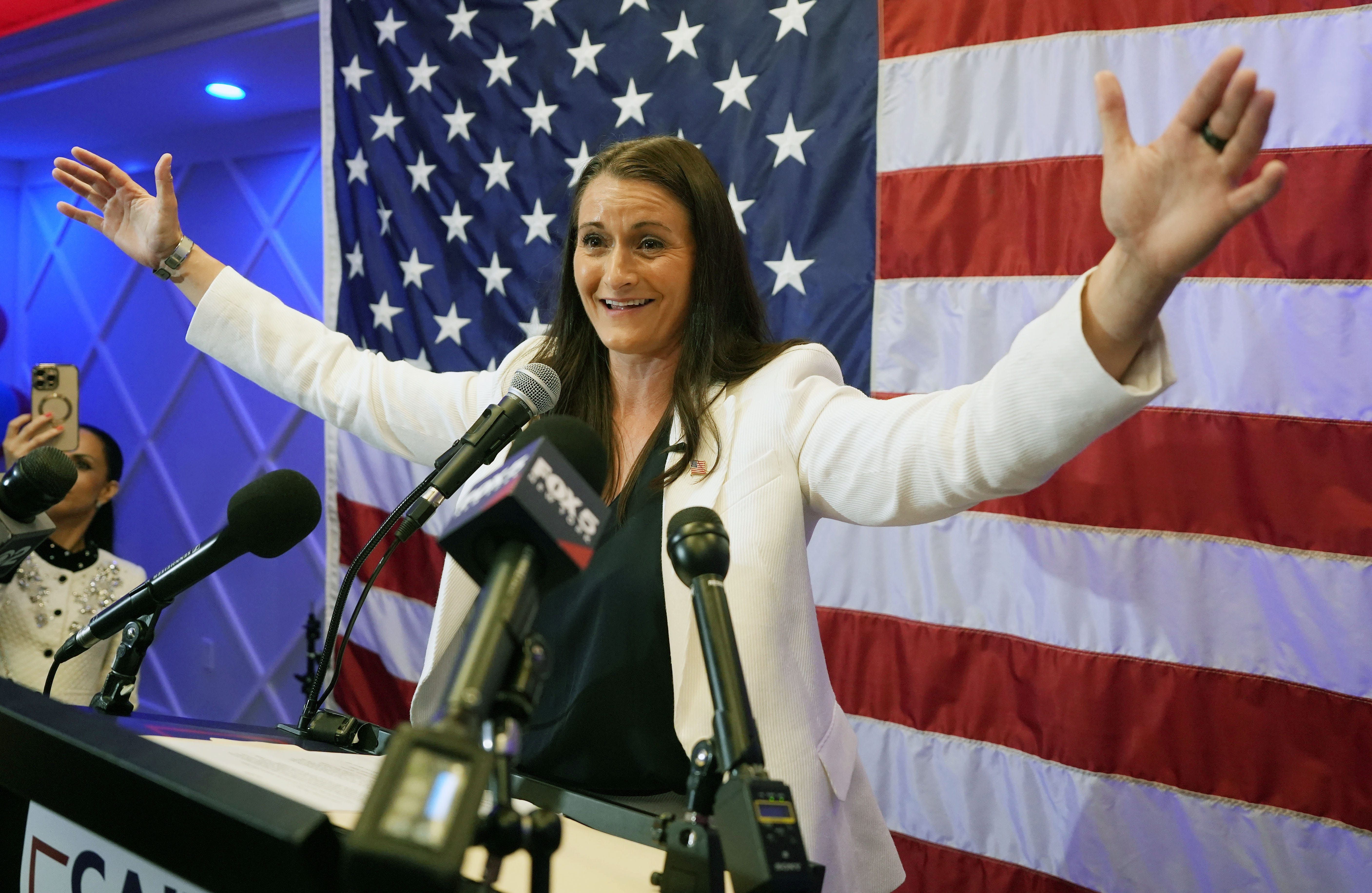 Cait Conley thanks her supporters during her victory speech after winning the 17th Congressional District primary at the Travelers Rest in Millwood June 23, 2026.