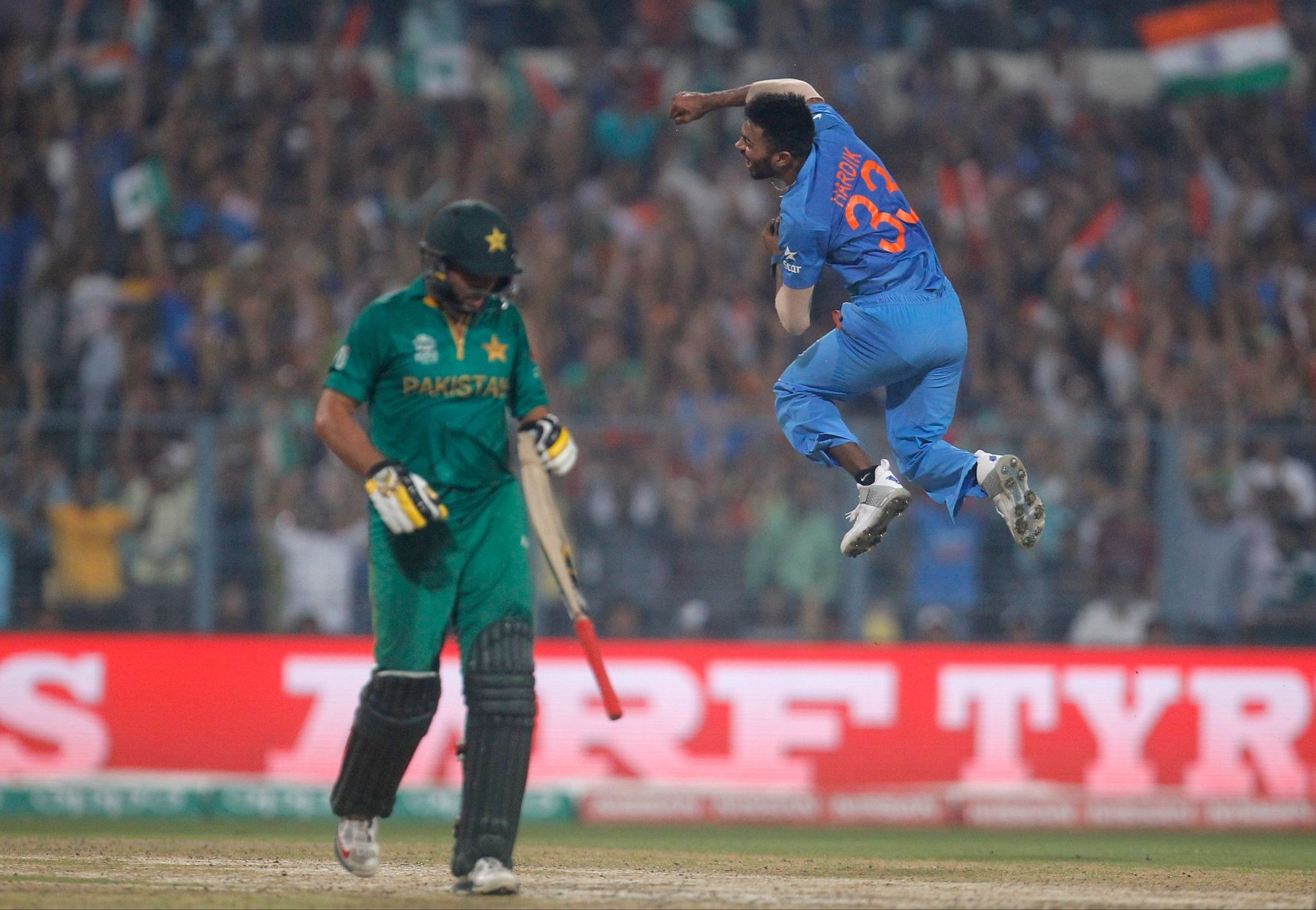 India’s Hardik Pandya celebrates taking the wicket of Pakistan’s captain Shahid Afridi