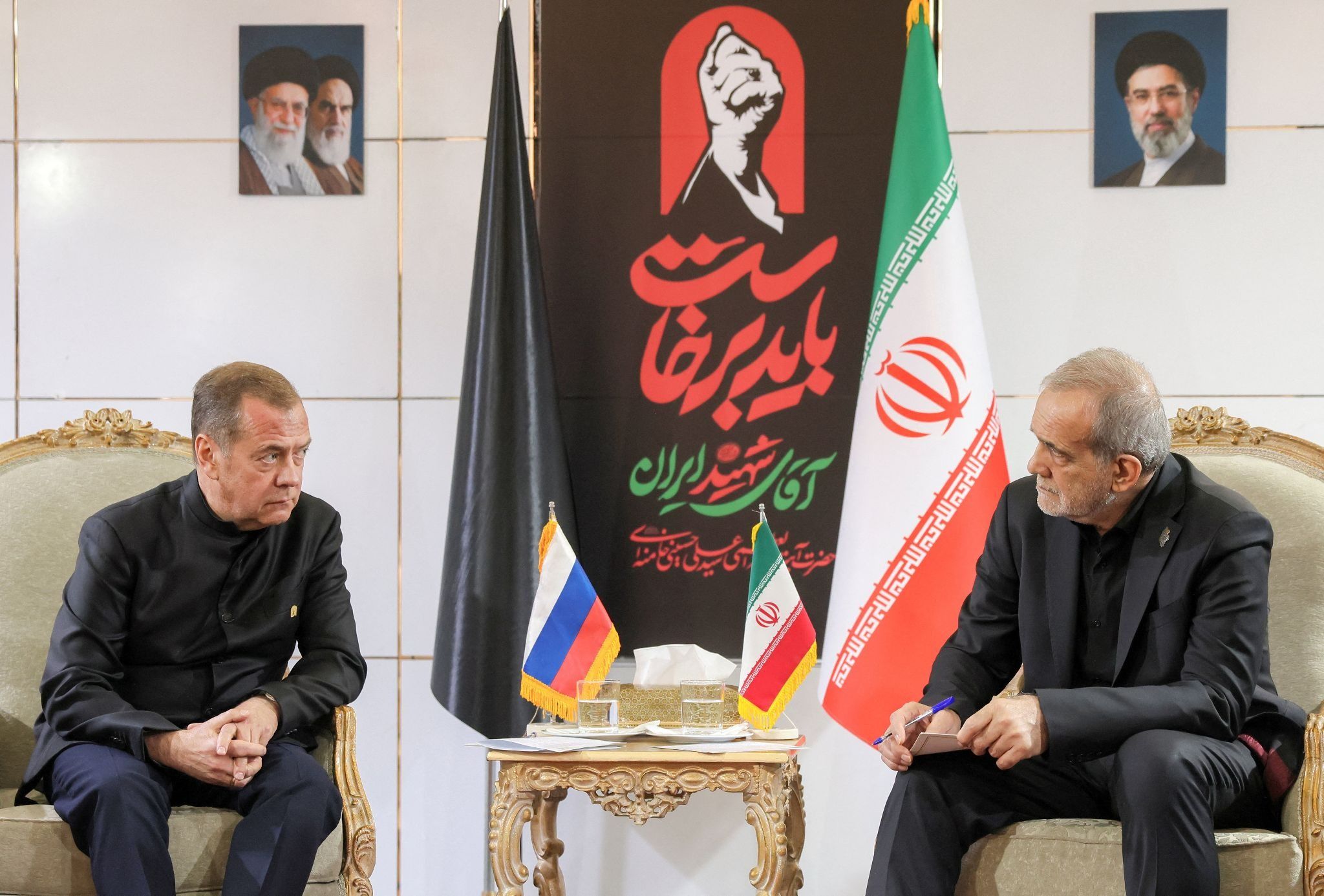 Deputy Chairman of the Russian Security Council Dmitry Medvedev and Iranian President Masoud Pezeshkian meet in Tehran, Iran July 3, 2026. 
