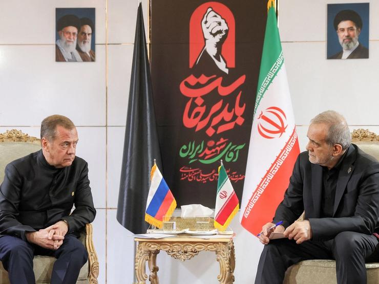 Deputy Chairman of the Russian Security Council Dmitry Medvedev and Iranian President Masoud Pezeshkian meet in Tehran, Iran July 3, 2026.