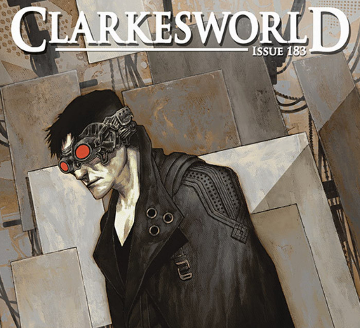 A cover of Clarkesworld depicting a mysterious man with a robotic mask covering his eyes.