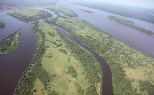 Aerial view of the Congo River near Kisangani, the capital of Orientale Province in DR Congo.