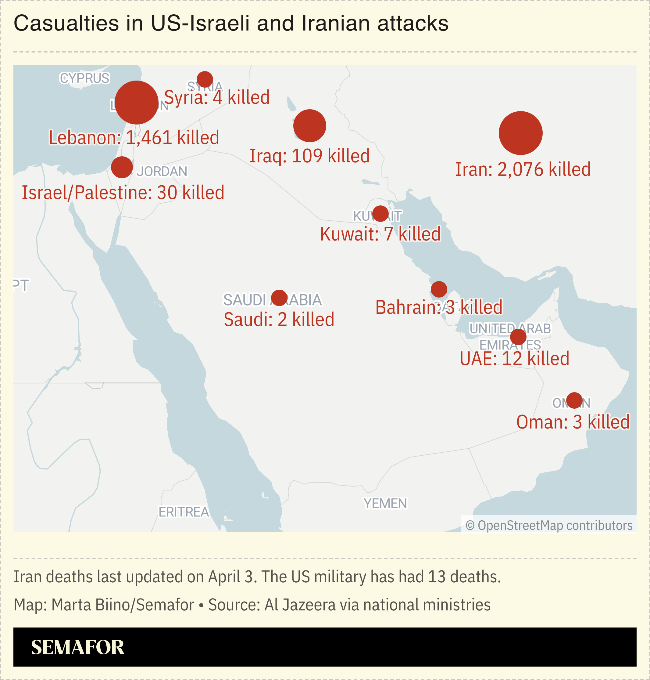 A map showing casualties during the Iran war in 2026. 
