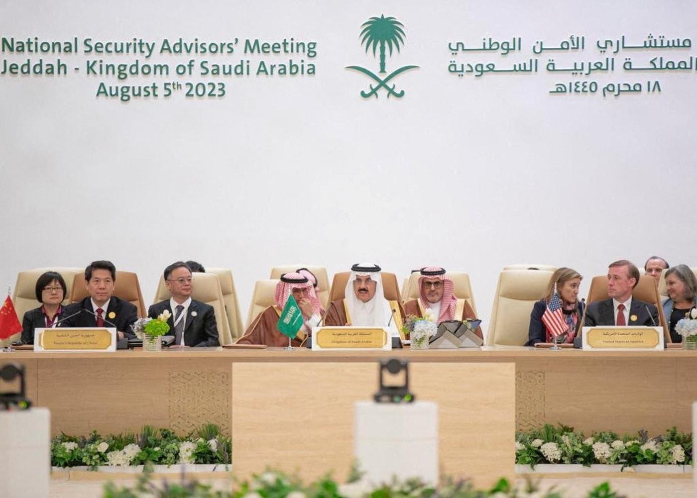 Representatives from China, the U.S., and Saudi Arabia attend talks to make a headway towards a peaceful end to Russia's war in Ukraine, in Jeddah, Saudi Arabia, August 6, 2023. 