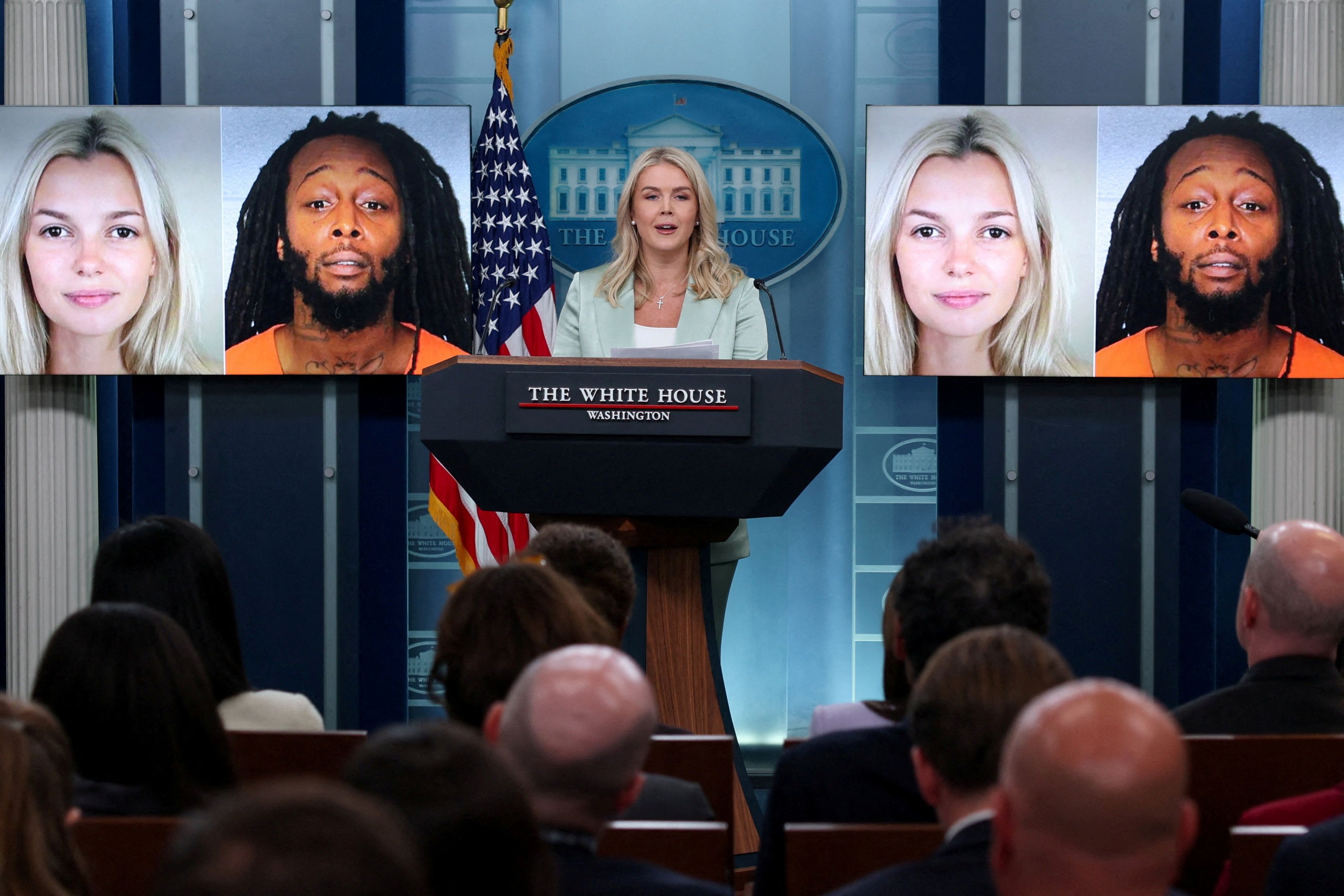 White House Press Secretary Karoline Leavitt speaks on a fatal stabbing of a Ukrainian woman Iryna Zarutska aboard a North Carolina train during a press briefing at the White House in Washington, D.C., U.S.